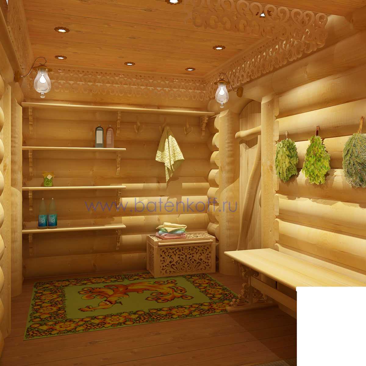 Внутренний интерьер бани с комнатой отдыха