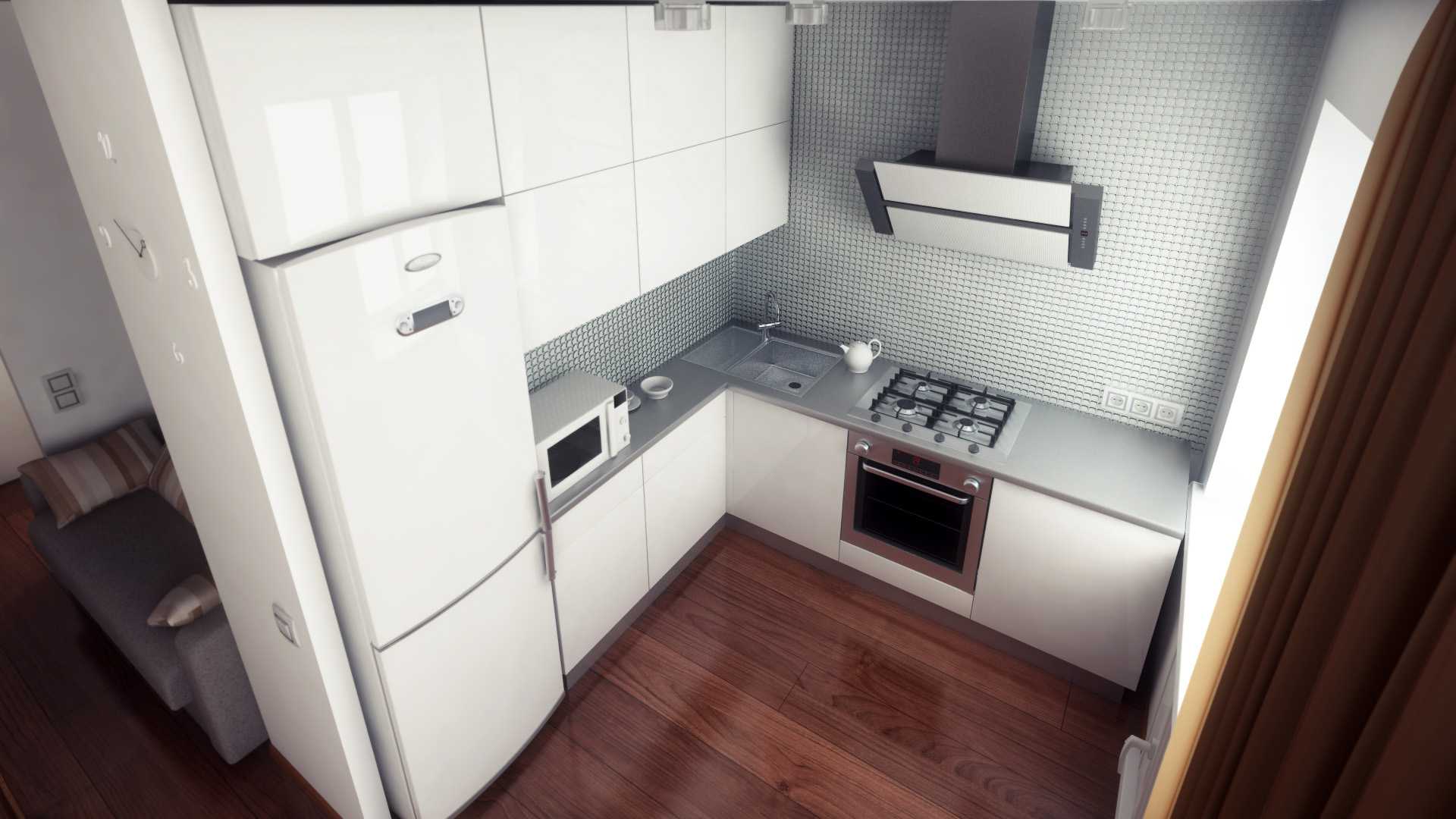 Кухня со встроенным холодильником в черный, белый, красный гарнитур, угловая маленькая кухня
 - 34 фото