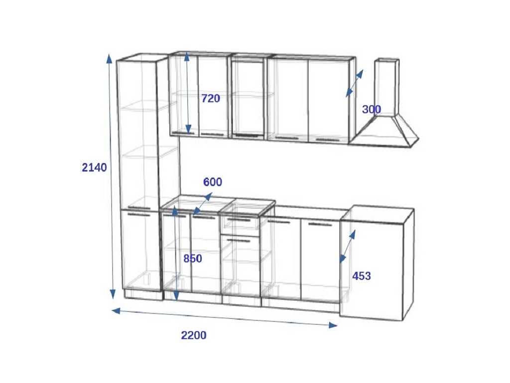 В производстве мебели для кухни используются стандартные размеры элементов гарнитура: глубина и высота кухонных шкафов, ширина створок и другие показатели