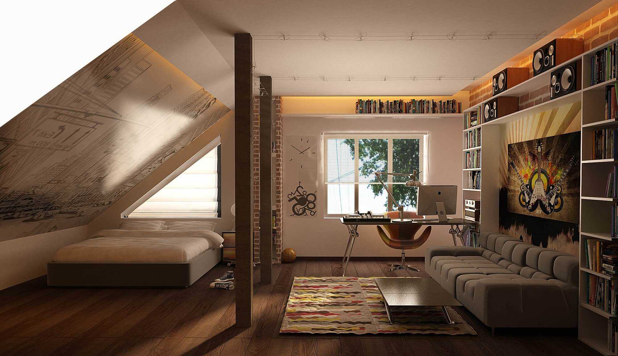 Спальня в мансарде со скошенным потолком; дизайн интерьера, как обустроить мансарду под спальню в мансарде