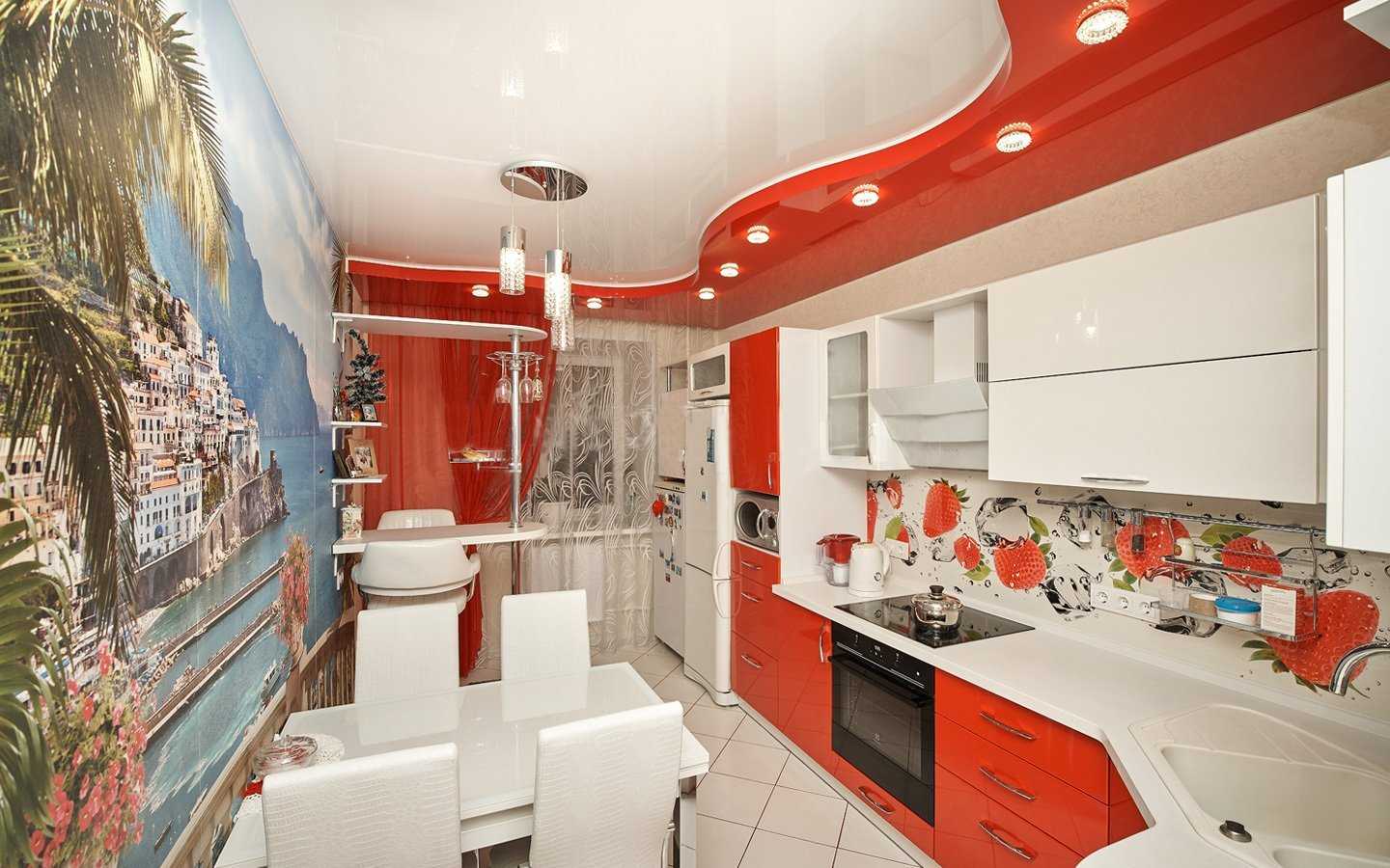 Потолок в кухне, совмещенной с гостиной: дизайн, освещение, современный стиль - 22 фото